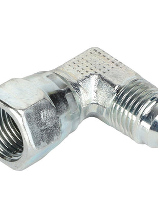 The AGCO | ADAPTER - AL5028051 is a metal elbow pipe fitting featuring a 90-degree angle, with a threaded female connection on one end and a threaded male connection on the other end. No additional product description information is currently available.