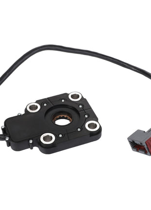 The AGCO | SASA II SENSOR - ACZ0001550 is a rectangular vehicle sensor from AGCO, featuring an attached cable and connector. It is equipped with mounting holes and a circular inner component to ensure precise measurements.