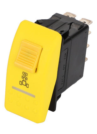 The AGCO Switch - Acp0367420 by AGCO is a yellow and black rectangular rocker switch featuring multiple metal prongs on the back and an icon of a mirror adjustment on the yellow section.