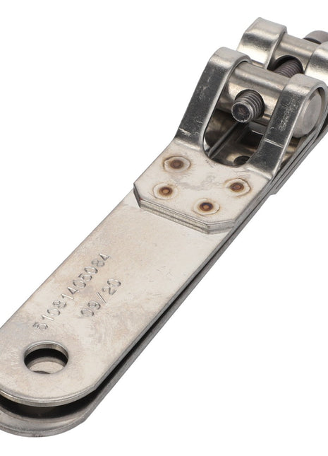 Introducing the AGCO Band Clamp - Acp0593020, a metal hinge component featuring a flat, elongated end and interconnected rotating parts at the top. Note that there is no current product description available for additional details.