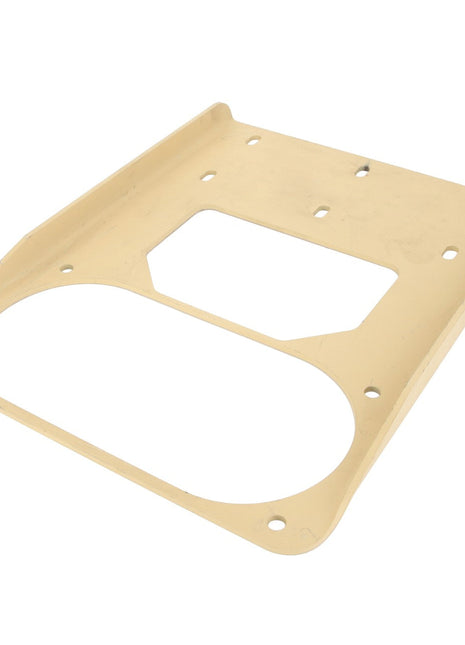 Product Description: AGCO | BRACKET - AG123668 by AGCO is a beige, flat metal bracket featuring multiple holes and an irregular cutout in the center.