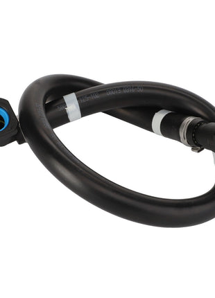 Image of the AGCO | Fuel Hose - Acw314383A, a coiled black hose featuring vibrant blue connectors on each end.