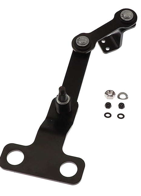 A black metal wiper mount with multiple holes and pivot points, accompanied by a nut, washer, and small rubber rings from AGCO, specifically the AGCO | Wiper Mount - Acw1605040.