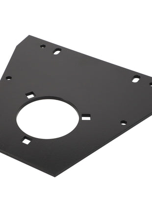 The AGCO | BEARING CARRIER - D28283099 is a triangular metal plate in black with a large central circular hole and several smaller holes around it.