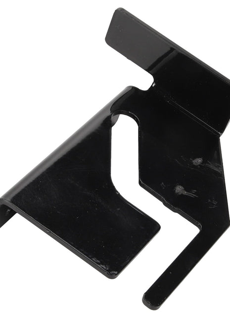 Introducing the AGCO Brake Carrier - 6318696M1: a black metal bracket designed with an angular shape, featuring a U-shaped cutout in the middle and bent edges.