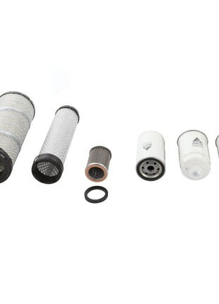 A variety of cylindrical filters and parts, including gaskets and seals, from the AGCO Field Service Kit (Acp0210090), are arranged in a row on a white background, featuring mesh, paper, and metal components of different sizes and shapes.