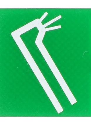 A green square decal branded as AGCO (D28751654) featuring an icon with white bent lines and two small diagonal lines, closely resembling the commonly used emergency exit symbol.