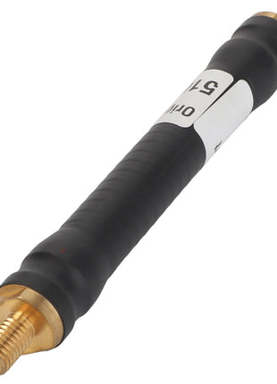 The AGCO ADAPTER - AL5103058 is a black and brass metal tool featuring a threaded end and a white label wrapped around its midsection. Unfortunately, there is no current product description information available.