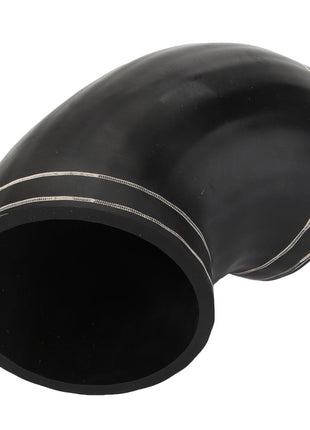 The AGCO Hose - Acw0146580 is a black 90-degree elbow pipe fitting featuring two silver lines around its circumference. No current product description available under the brand name AGCO.
