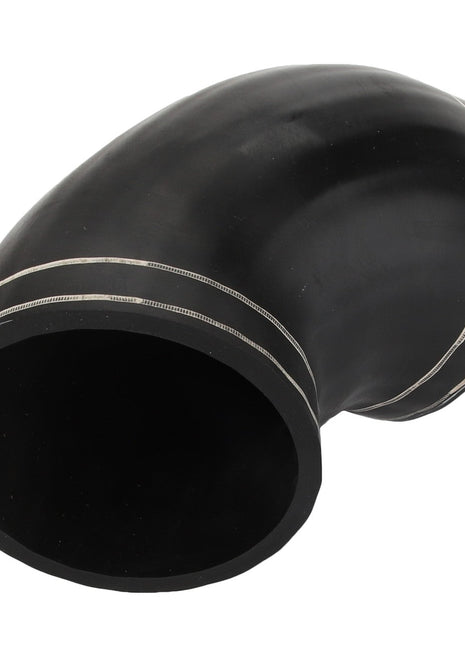 The AGCO Hose - Acw0146580 is a black 90-degree elbow pipe fitting featuring two silver lines around its circumference. No current product description available under the brand name AGCO.