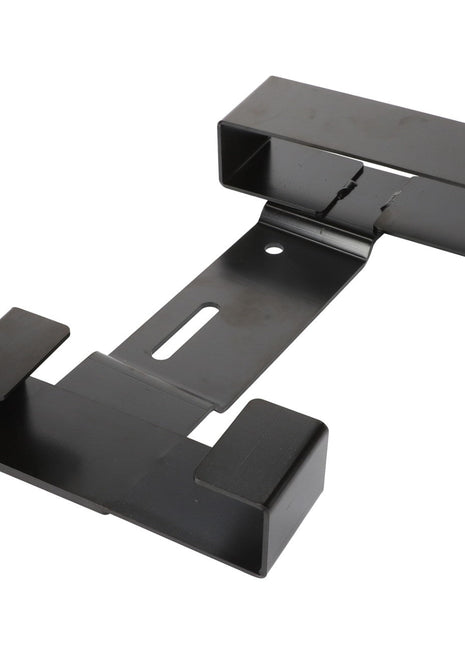 The AGCO Support - Acw0412710 is a black metal bracket with a rectangular base and three raised sections designed to secure an object, featuring a central hole and slotted opening. Unfortunately, no current product description information is available.