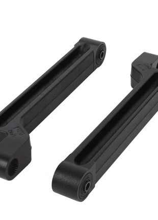 Two AGCO | Arm - Acw0411810 brackets, crafted from black metal with open rectangular structures and circular holes at each end, placed side by side on a white background. No current product description available.