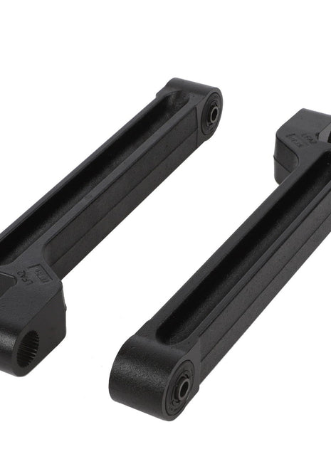 Two AGCO | Arm - Acw0411810 brackets, crafted from black metal with open rectangular structures and circular holes at each end, placed side by side on a white background. No current product description available.