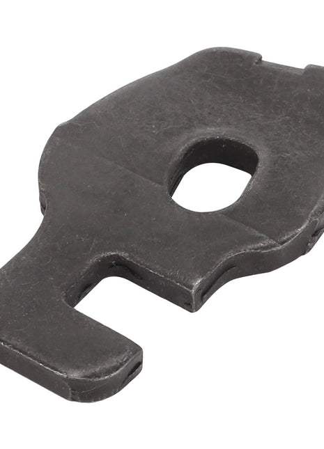 No current product description available for the AGCO | Holder - F206200210040, a black metal locking tab with a central hole and an extended prong on one side.