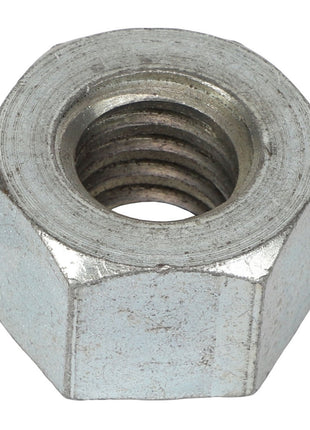 A close-up image of the AGCO NUT - EP2064, a hexagonal metal nut with internal threading, shows intricate details.