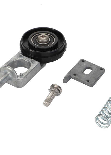 The AGCO Idler - Acw1441560, featuring a metal tensioner assembly with a pulley wheel, bolt, metal bracket, and coil spring, is laid out on a white background. No current product description information available.