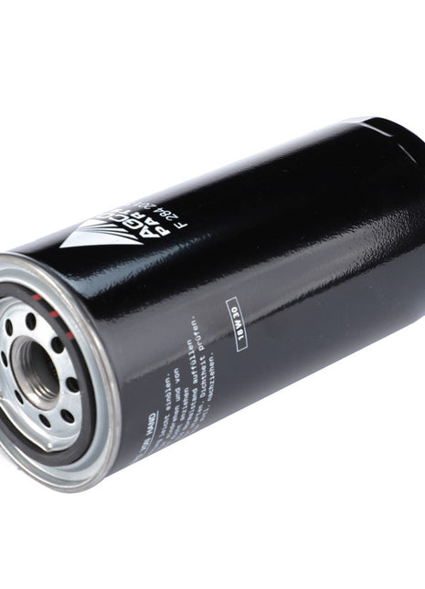 A black cylindrical AGCO Engine Oil Filter Spin On - F284201310040 with metallic openings and a printed label on its body, placed against a white background, ensures it prevents wear and corrosion.