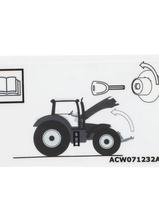 Instructional diagram displaying steps to access the engine of a tractor with the hood open, featuring AGCO | Safety Decal - Acw071232A. Labels include a book icon, key icon, and arrow indicators. No product description provided by AGCO.