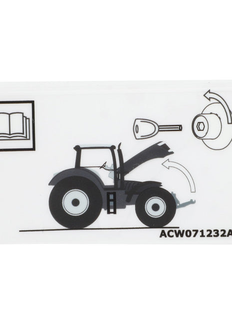 Instructional diagram displaying steps to access the engine of a tractor with the hood open, featuring AGCO | Safety Decal - Acw071232A. Labels include a book icon, key icon, and arrow indicators. No product description provided by AGCO.