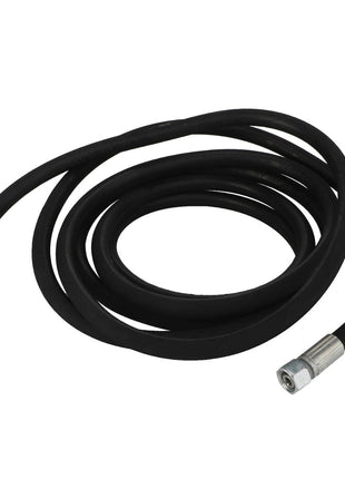 The AGCO Hydr. Hose - Acw878674A is a coiled black hydraulic hose equipped with metal fittings on both ends, specifically designed for fluid transfer in machinery. No additional product description information is available at this time.