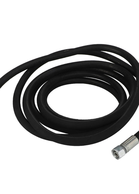 The AGCO Hydr. Hose - Acw878674A is a coiled black hydraulic hose equipped with metal fittings on both ends, specifically designed for fluid transfer in machinery. No additional product description information is available at this time.