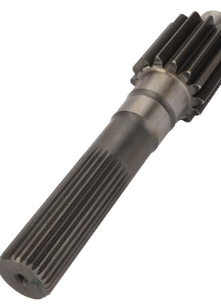 Image of an AGCO Final Drive Pinion - Acw3220900, a metal precision gear shaft with splines and gear teeth, used in mechanical and automotive applications. It is placed against a plain white background.