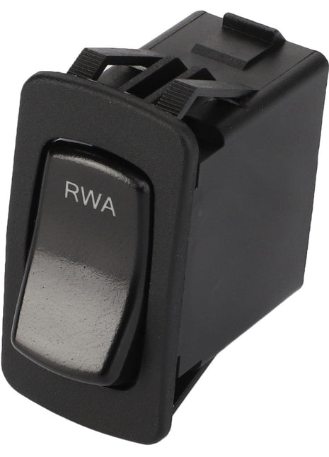 A black rocker switch from AGCO, labeled "RWA" on its surface and designed for seamless panel mounting, known as AGCO | SWITCH - ACY1582000.