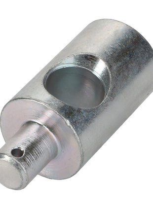 Introducing the AGCO | PIVOT - D28780030: A cylindrical metal connector featuring a side hole, along with a smaller cylindrical extension that includes a drilled hole at one end. Additional product details are currently unavailable.
