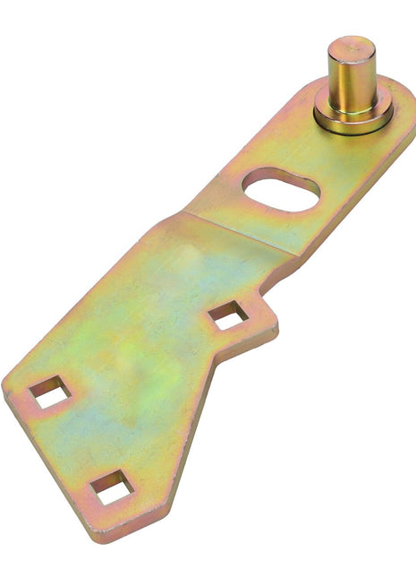 The AGCO | Right Hand Pivot - Acx3254290 is a metal bracket by AGCO featuring a rectangular base, a circular hole in the middle, two square holes at the bottom, and a cylindrical protrusion at the top.