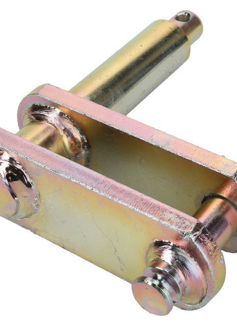 The AGCO | Lever - Fel141749 is a metallic hinge joint equipped with a cylindrical pin and two parallel plates, secured together by bolts. No current product description available.