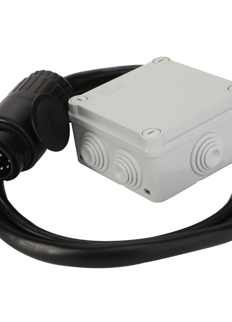 A black AGCO | HARNESS - D28787483 cable with a multi-pin connector is attached to a white junction box featuring two circular ports. No current product description information is available.