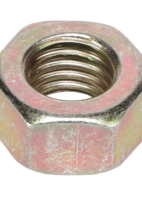 The AGCO | Nut - 1125801 is a metallic hexagonal nut with internal threading, commonly used as a fastener in mechanical and construction applications.