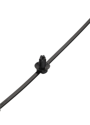 The AGCO Strap - Acp0677280 is a sleek black plastic cable tie, featuring an integrated mounting clip at its center and a robust locking mechanism on one end.