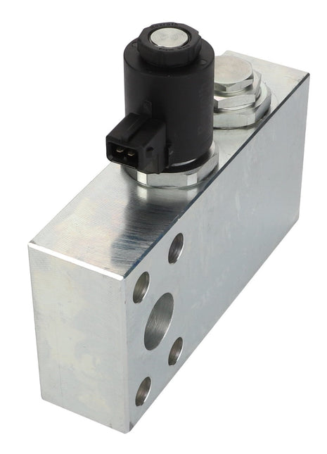 The AGCO Hydraulic Block - Acw9550010 by AGCO is a precisely engineered metal hydraulic valve block, featuring various ports and a robust black solenoid mounted on top.