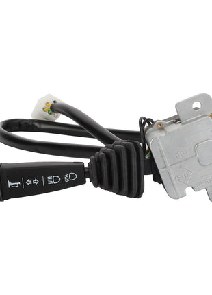 The AGCO | TURN SIGNAL SWITCH - AG719075 is a black automotive turn signal lever switch featuring various icons on the lever. It is connected to a wiring harness and comes with a metal mounting bracket. No current product description information is available.