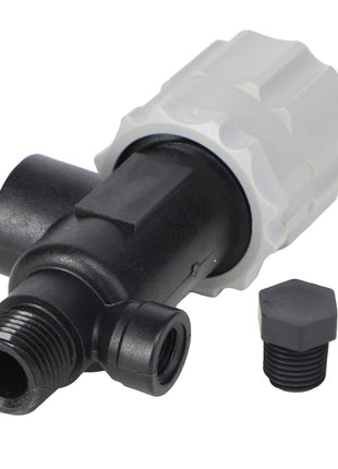 A plastic inline tap with a white grip and black body, shown with a separate black plug next to it. For ordering information or assistance regarding the AGCO | PRESSURE RELIEF VALVE - AG050436, please contact our support team.