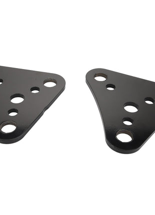 Two AGCO branded LINK - AL5214126 black metal brackets feature multiple circular holes arranged in triangular shapes, side by side on a plain white background.