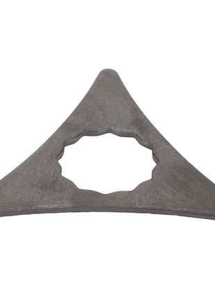 Introducing the AGCO | WASHER - 0.008.5605.0, a triangular metal component featuring a cog-like cutout in the center. For any questions or additional information, please contact our support team.