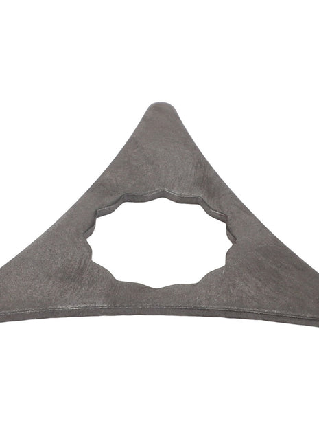 Introducing the AGCO | WASHER - 0.008.5605.0, a triangular metal component featuring a cog-like cutout in the center. For any questions or additional information, please contact our support team.