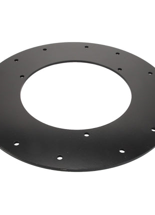 The AGCO | LINK - D28286379 by AGCO is a sleek, circular black metal disc with a large central hole and multiple smaller holes evenly spaced around the perimeter.