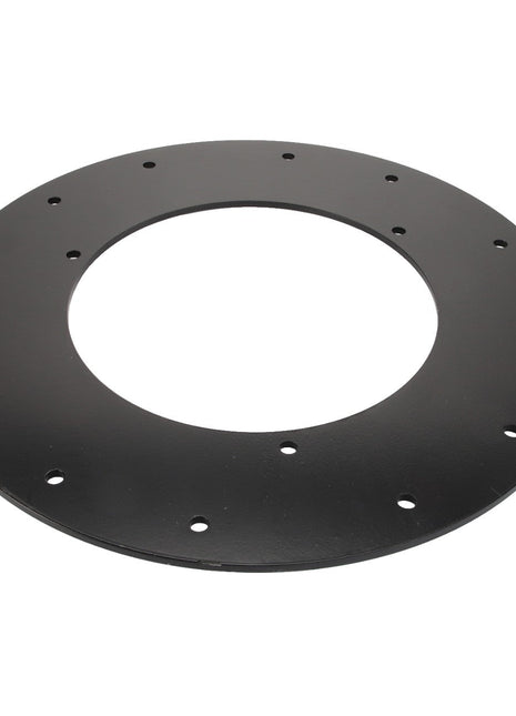 The AGCO | LINK - D28286379 by AGCO is a sleek, circular black metal disc with a large central hole and multiple smaller holes evenly spaced around the perimeter.