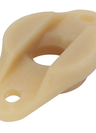 Close-up of the AGCO GUIDE - ACY1126710, a beige plastic mechanical part featuring two holes, a central circular cutout, and a slotted groove. No current product description available.