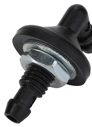 Close-up of the AGCO Union - Acp0213890, a black plastic and metal automotive component featuring a threaded body, a hexagonal nut, and an angled nozzle opening. No current product description available.