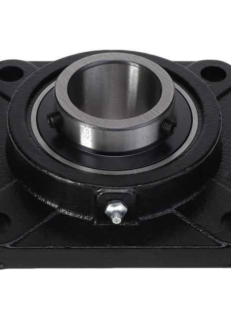 Image of the AGCO | FLANGE BEARING - AG704187, a black square flange bearing housing with four mounting holes and a central cylindrical opening, designed for mechanical and industrial applications. No current product description information is available.