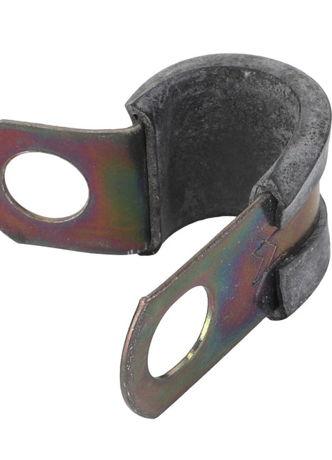 The AGCO | Clip - Acp0677060, a sturdy metal pipe clamp with two mounting holes, is showcased against a pristine white background.