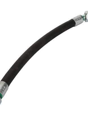 The AGCO Hydraulic Hose - Acx2762310 is a flexible black hose featuring metal connectors on both ends, with one being straight and the other angled.