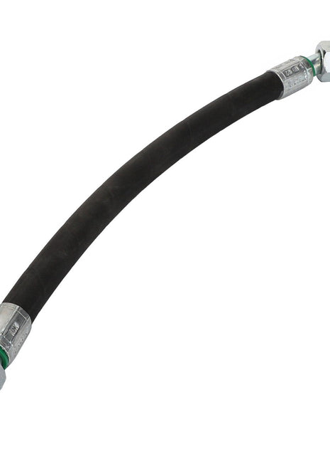 The AGCO Hydraulic Hose - Acx2762310 is a flexible black hose featuring metal connectors on both ends, with one being straight and the other angled.