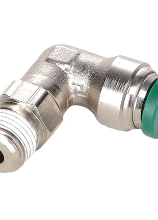 The AGCO | ELBOW - AG721837 is a metal L-shaped pipe fitting featuring a threaded male end and a green-ringed push-to-connect fitting. Note: No current product description information is available beyond this brief overview.