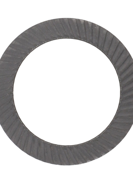 Close-up of the AGCO Spring Washer - Acp0360580, featuring a ridged surface and a central hole, viewed from above. No current product description available for similar items.