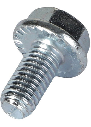 Close-up of the AGCO Hexagonal Bolt - Acw8777910 by AGCO, featuring a threaded shaft and a serrated flange, designed for secure fastening in industrial applications. No Current Product Description Information Is Available.